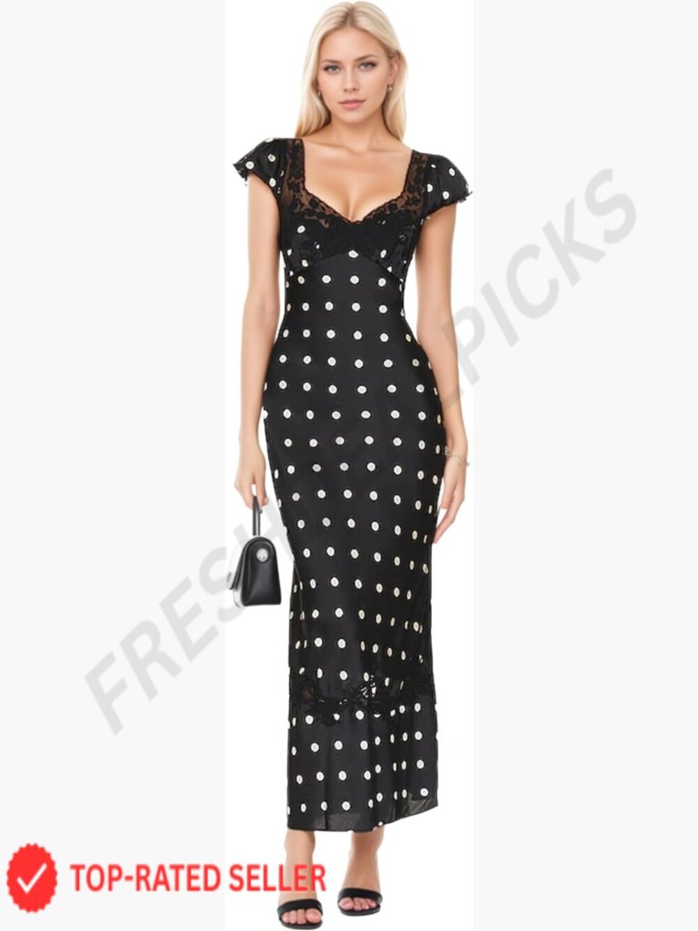 Women Polka Dot Maxi Dress Boho Lace Patchwork A-Line V-Neck Cap Sleeve - Picture 1 of 7